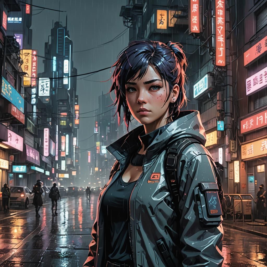 Medium shot of a female sci-fi protagonist in a cyberpunk ci...