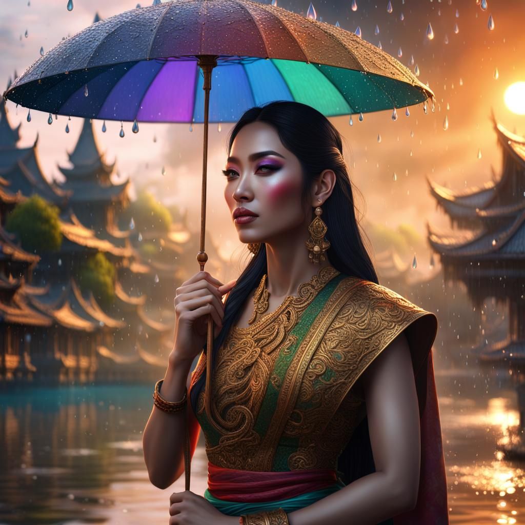 Thai Woman in Raindrop: Photorealistic 4K Image