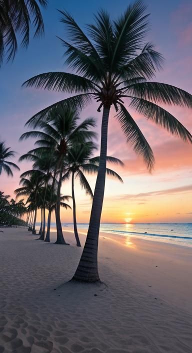 A beautiful wide-angle shot of a tropical beach at sunset. P...