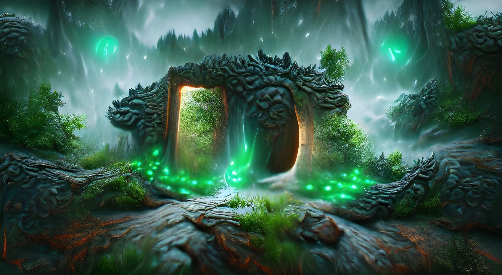 Green Dragon in the cave, the lord of dragons, has good platinum scales,  bright eyes, and is surrounded by dazzling gold and green lights.  generative ai Stock Illustration