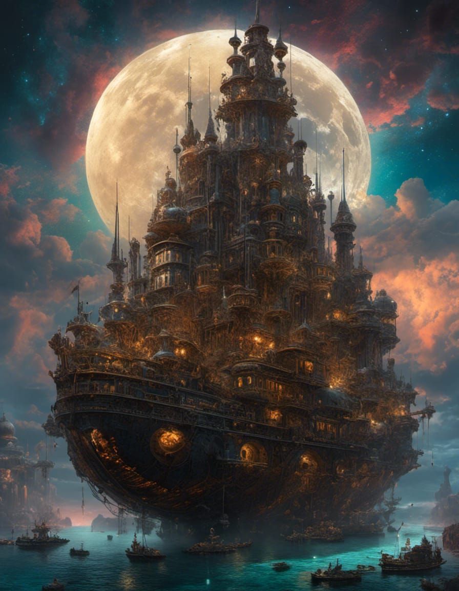 <lora:Alien Complex:1.0> distant shot, city castle  above a steampunk ship Flying in the clouds sky , hydropunk tech , art nouveau, starry n...