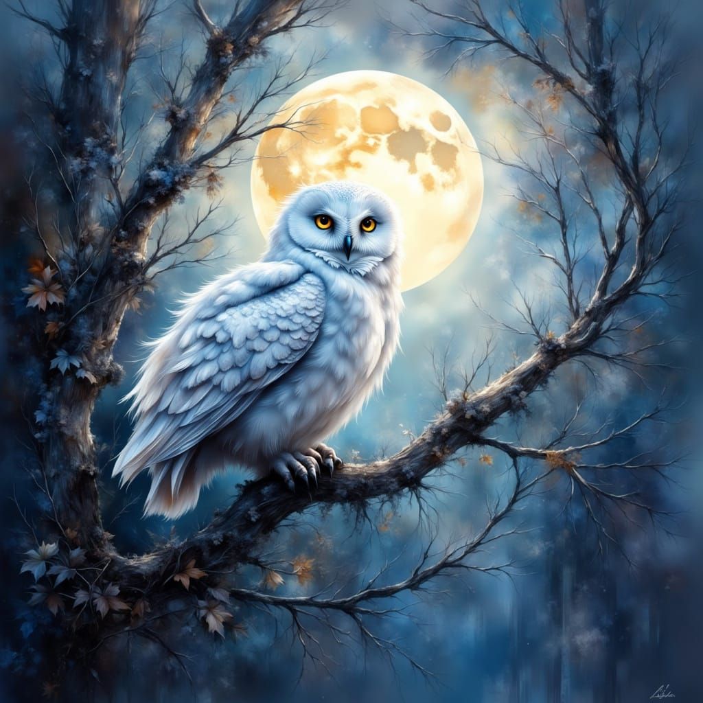  A white owl perches on a tree branch in the light of the full moon.