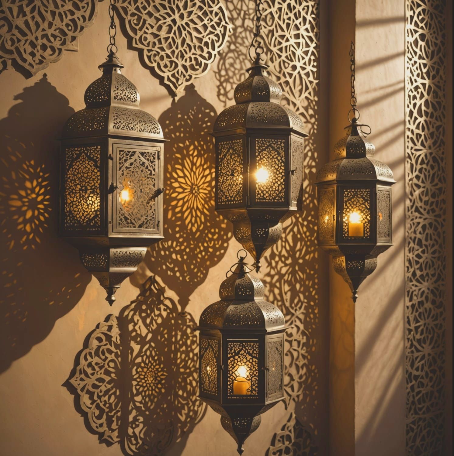 Ornate Moroccan filagree metallic lanterns casting intricate shadows on textured walls