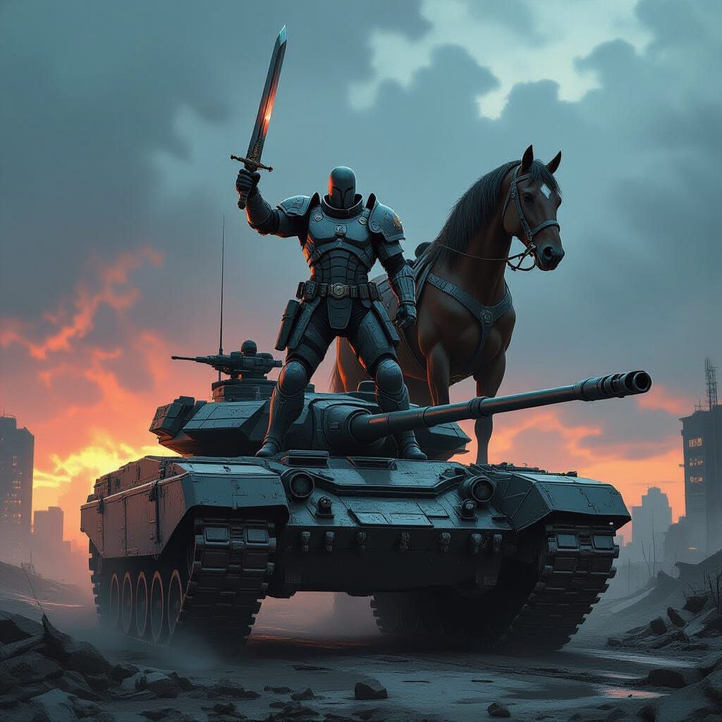 Futuristic Centaur Soldier on Tank and Warhorse