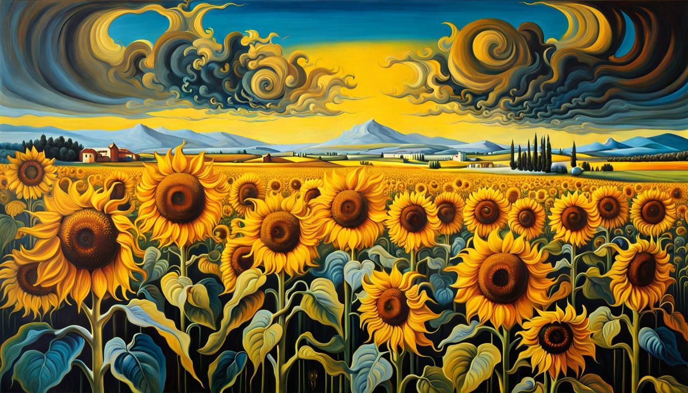 sunflower field in the style of Salvador Dalí