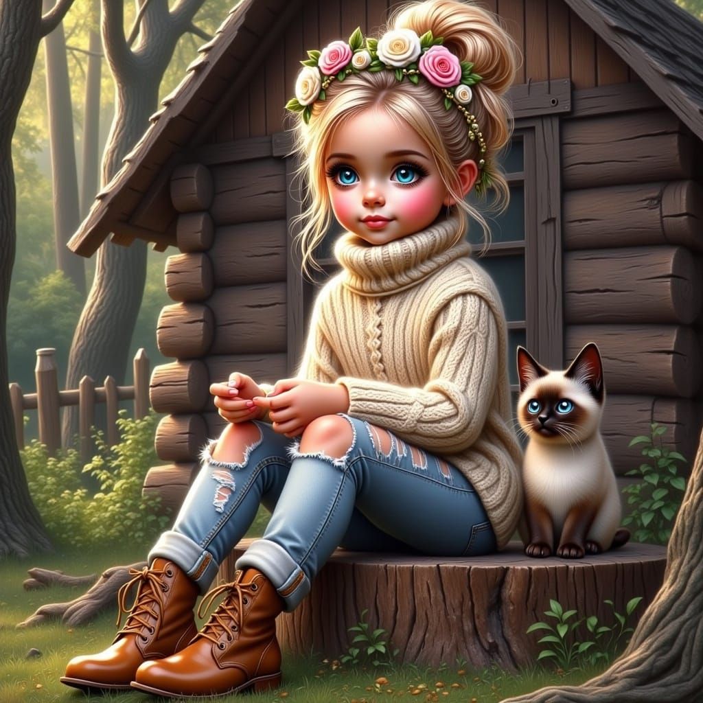 <lora:Expressive eyes:1.0> A digital painting depicts a young girl seated on a large wooden stump in the foreground, accompanied by a Siames...