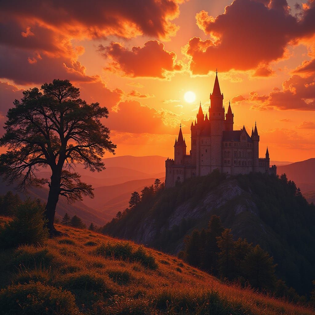 The fiery sunset West, epic landscape painting, a hillside castle, mighty trees, deep saturated sunset colors