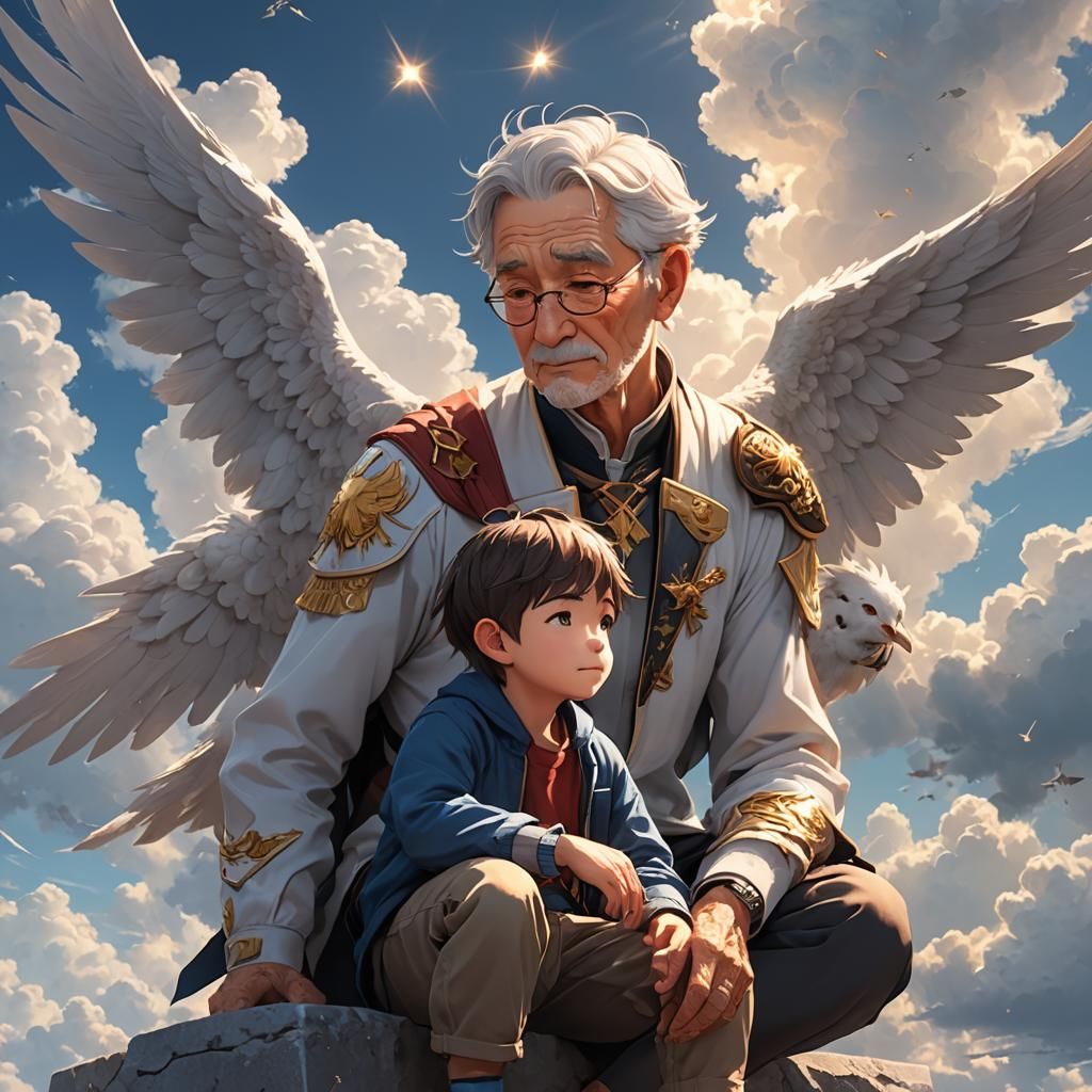a little boy talking with his grandpa in heaven