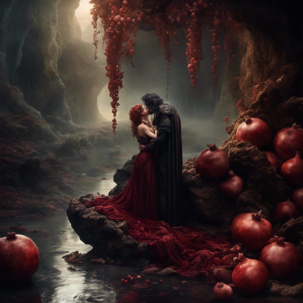 Hades kissing Persephone in the Underworld by the river Styx afer she has eating (a pomegranate which ...  by @Jim