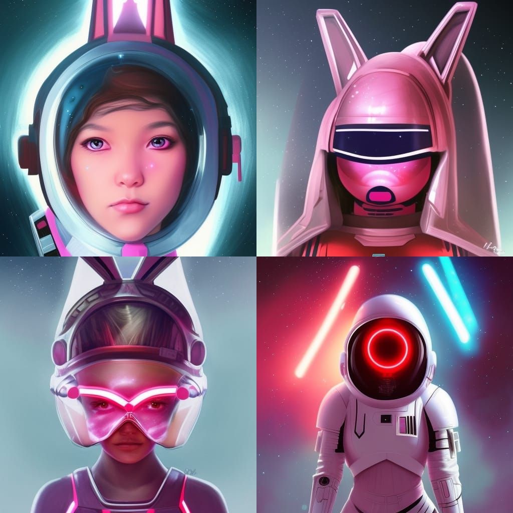 little indigenous girl in space, pink bunny ears, wearing a futuristic space suit in the style of star wars, red glowing...