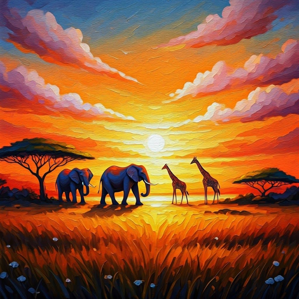 Africa, Sabana, some elephants and giraffes are walking on the horizont in front of the sunset sun  by @David