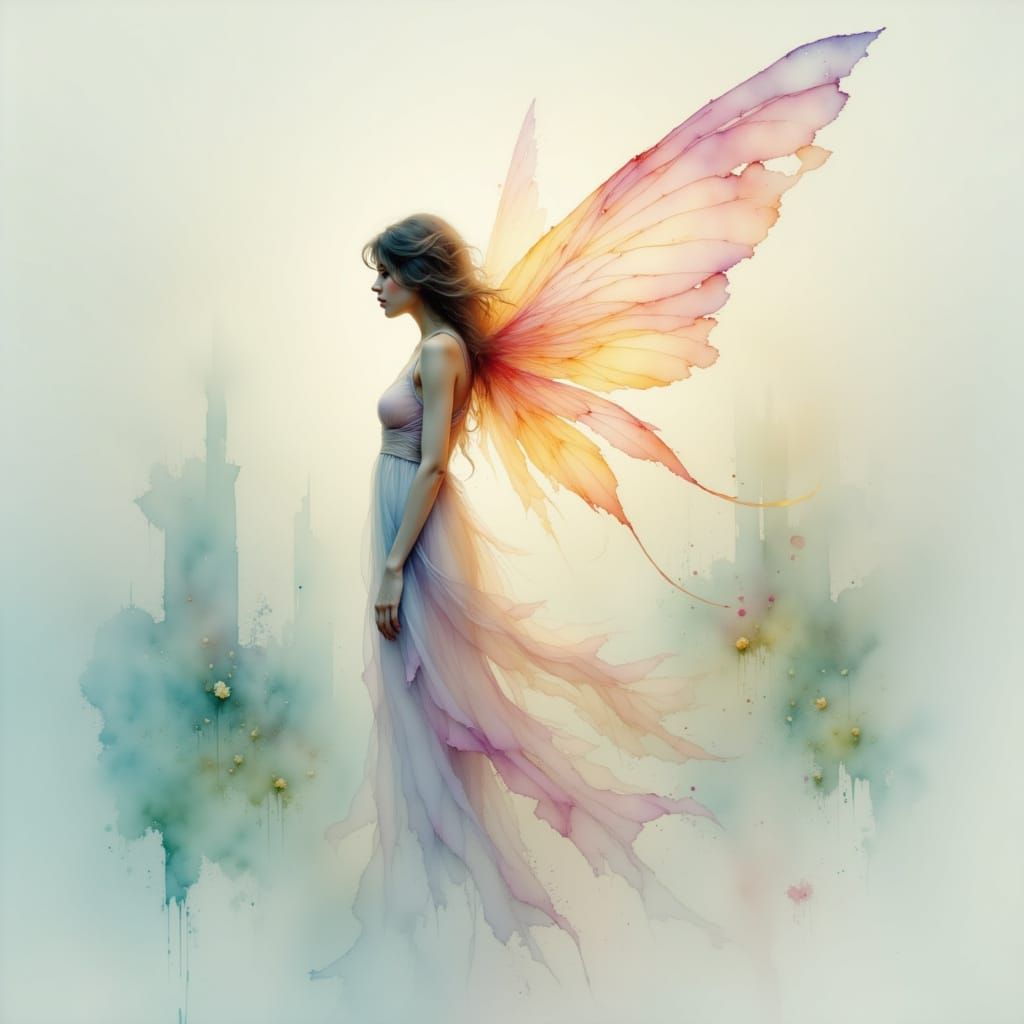 Ethereal Woman with Wispy Wings on Floating Islands