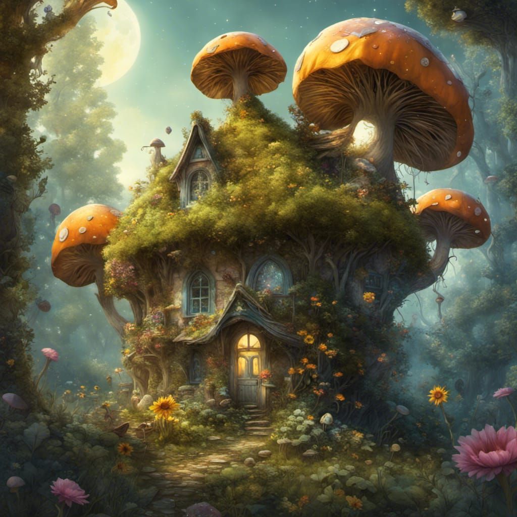 cute tiny sunflower-shaped house in an overgrown fairy fores...
