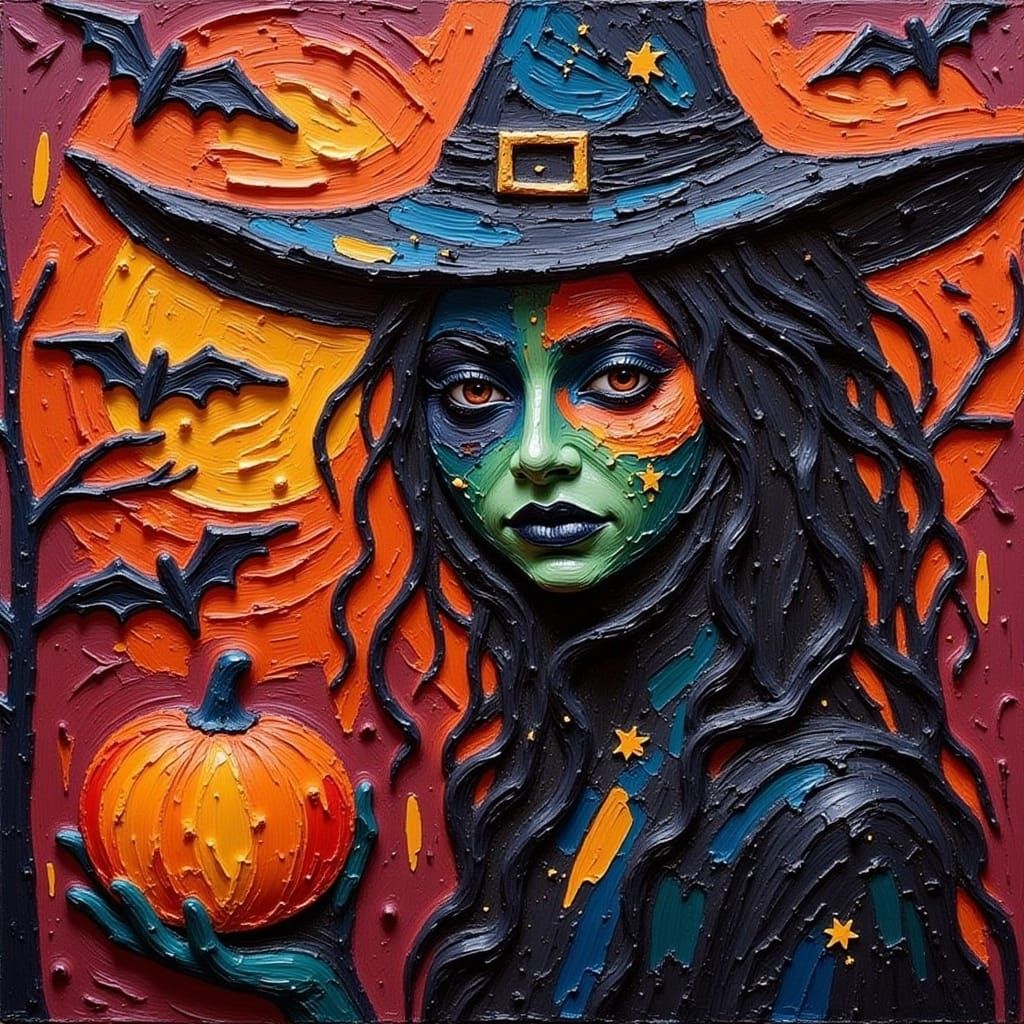 <lora:TexturedFlux:1.0> Spooky Halloween witch Swirling paint Thick brush strokes Palette knife textured Impressionistic texture textured im...