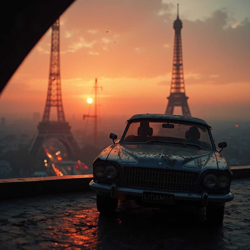 Car on Eiffel Tower at Sunset: Hyperrealistic Render