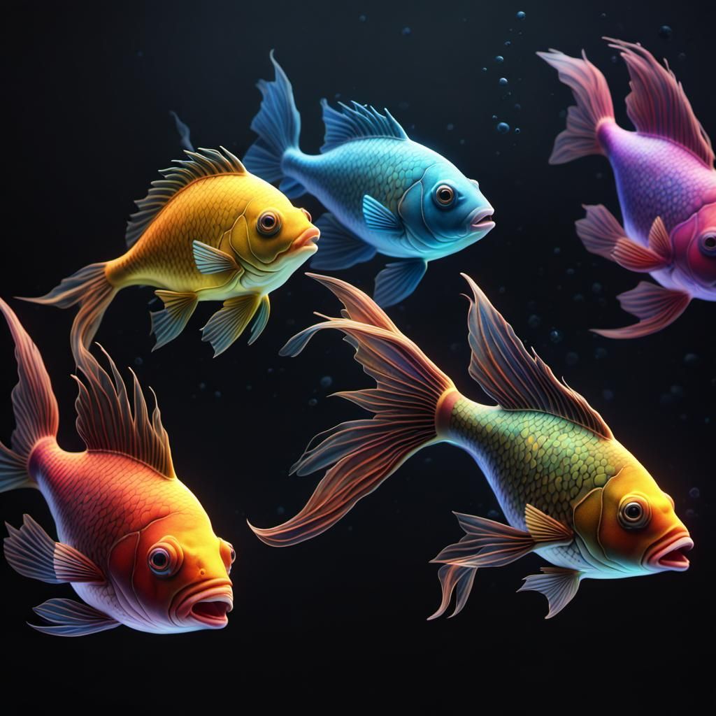 3 colorful Fishes on black background