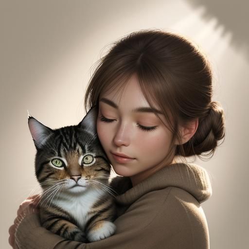 Create a watercolour pencil sketch tender sepia-tone portrait of a young girl with fair skin gently holding and nuzzling...