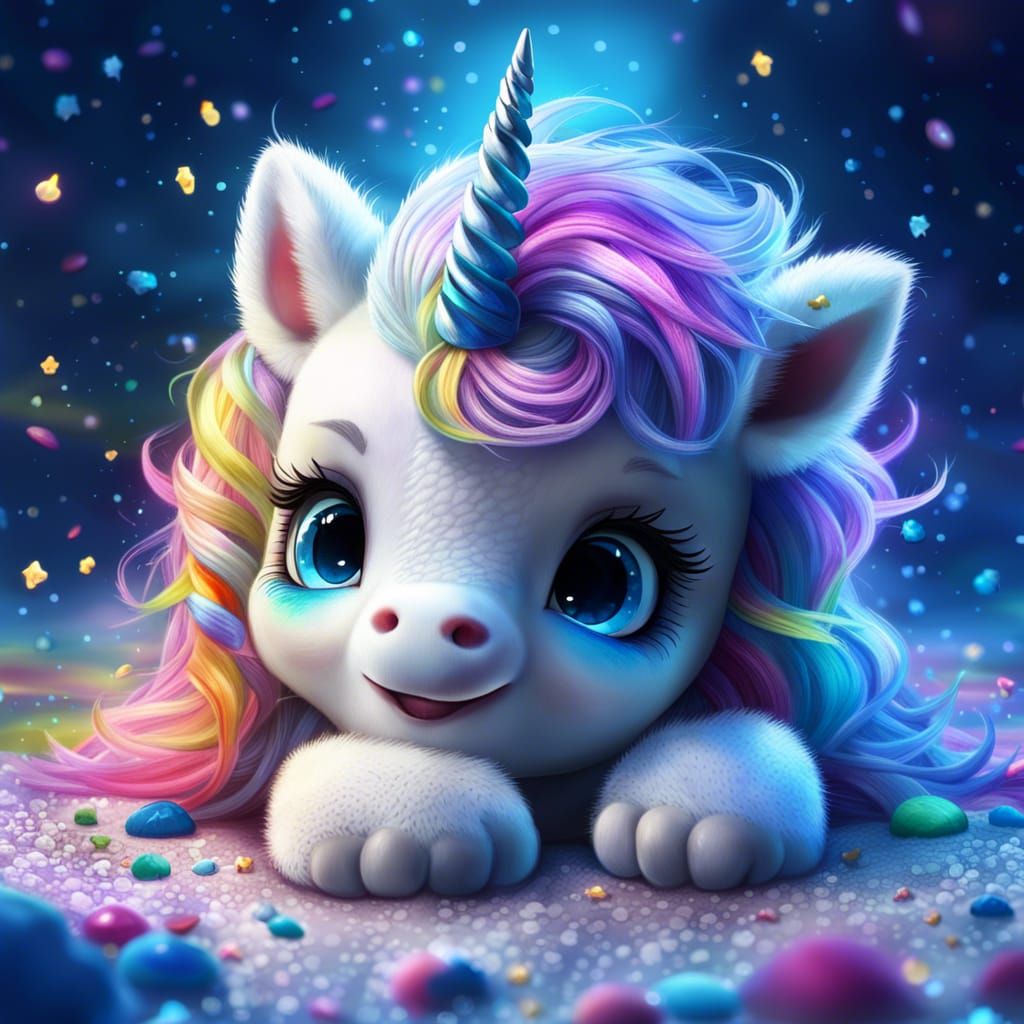 A hyper-realistic digital artwork of an adorable cute unicor...