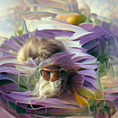 Portrait of a sunflower grey cat with long hair wearing larg...