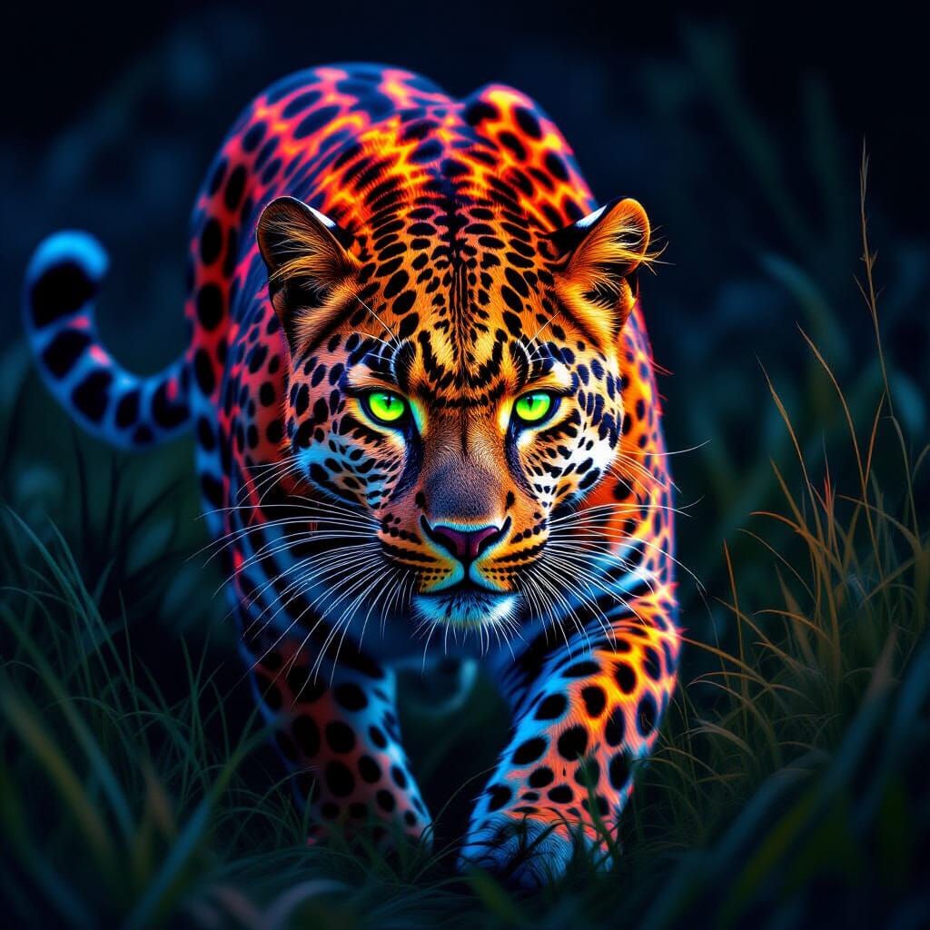 Title: "Neon Predator in the Dark"

Scene Description:

Dense, pitch darkness. No background - everything is dissolved in black, like in an ...