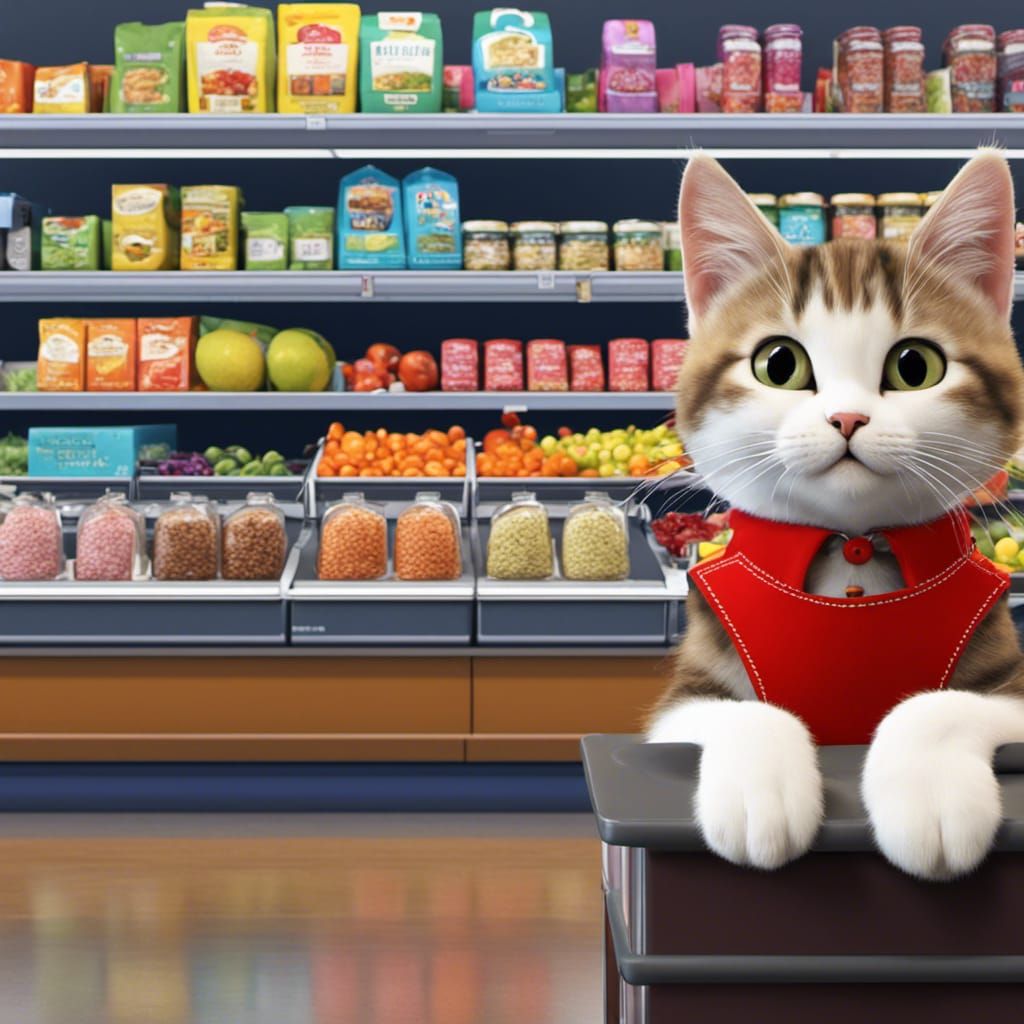 Cat working in a supermarket