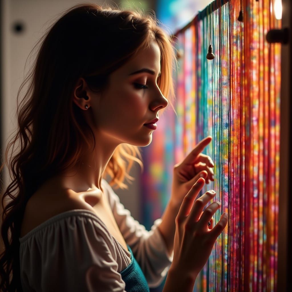 <lora:ChromaDraw:1.0> Photo realism    woman weaves strands of color into fine art