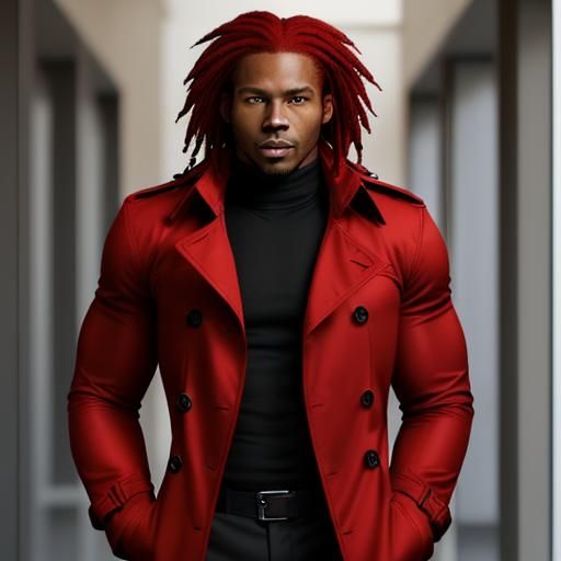 35 year old muscular black man with red hair and a red trench coat