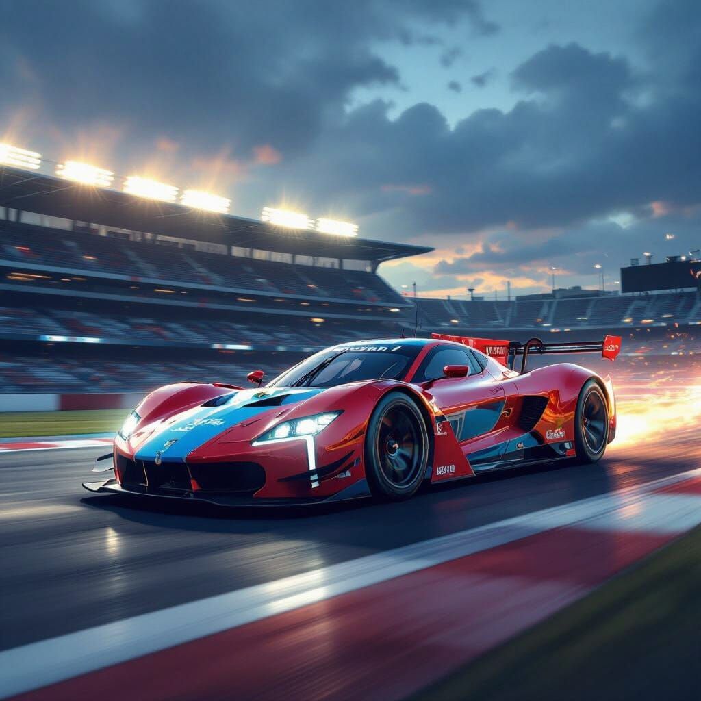 Custom Race Car Speeds Through Camp Nou Stadium