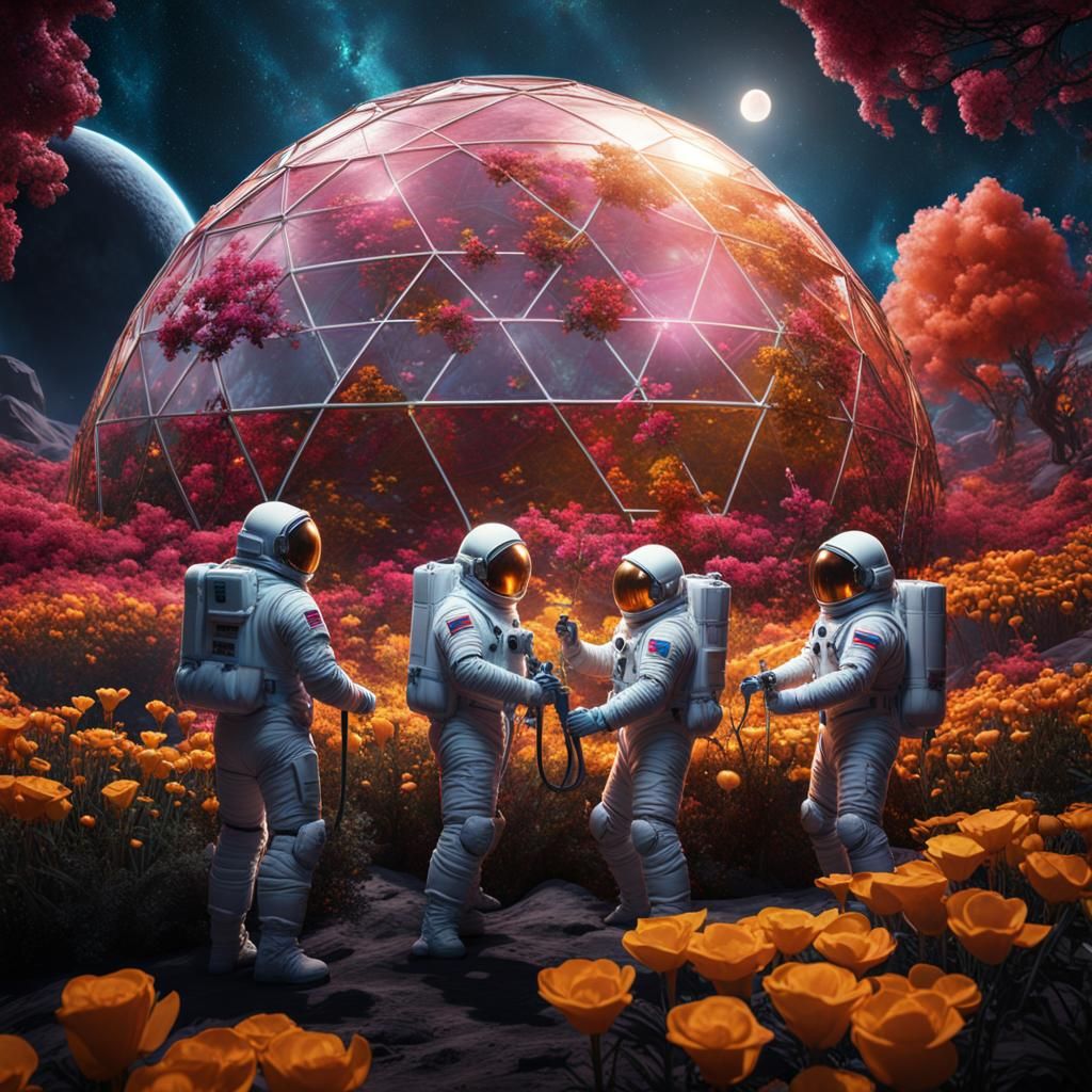 Four men in spacesuits tending to the flowers in a geodesic ...