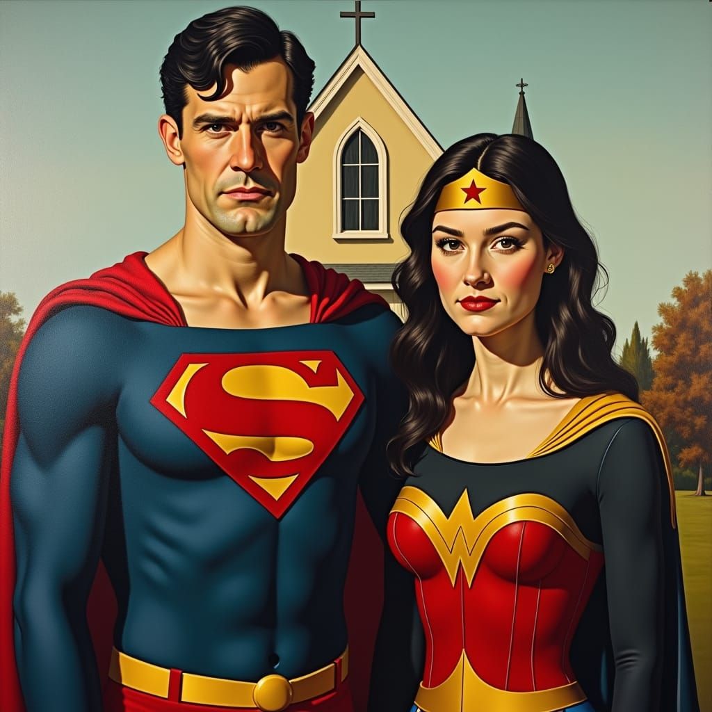 superman and wonder woman, American Gothic, church in background, Grant Wood