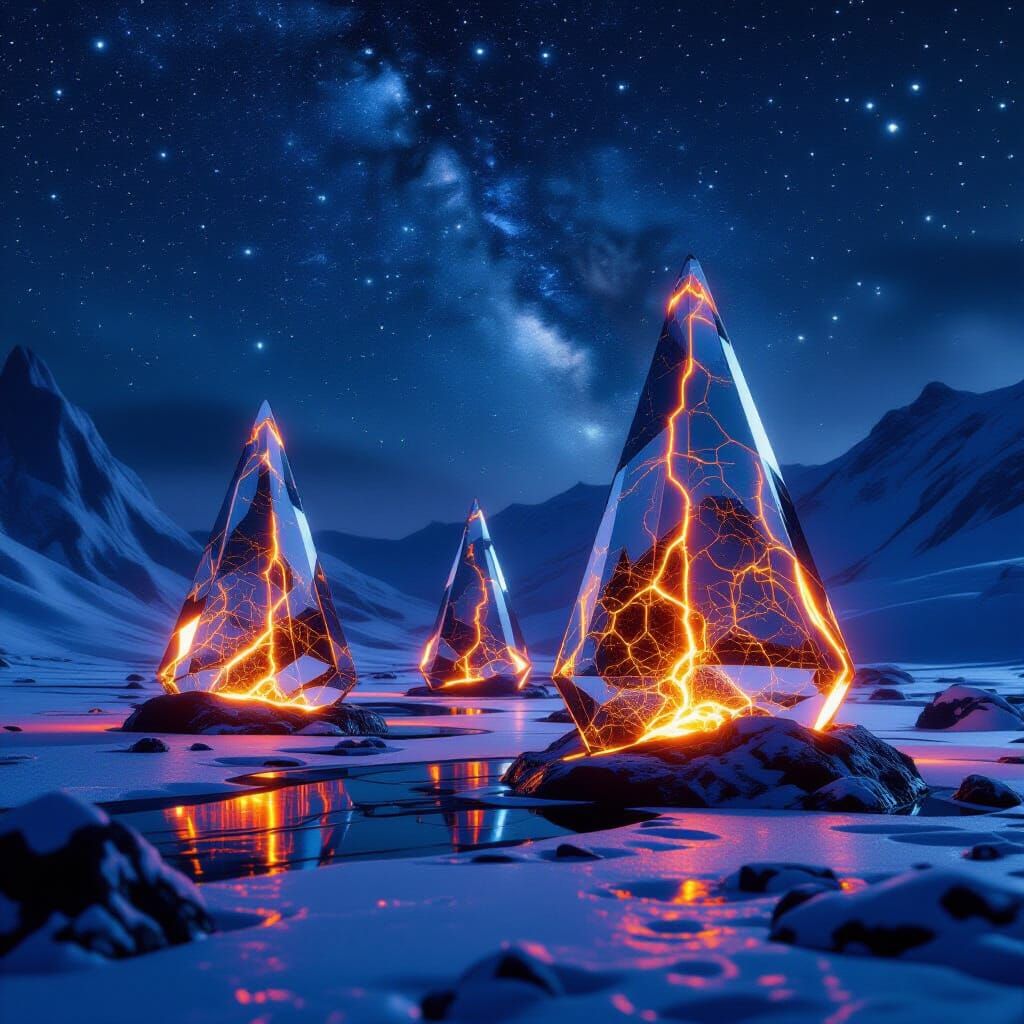 Glass Trees with Lava Cores in Starry Otherworldly Landscape