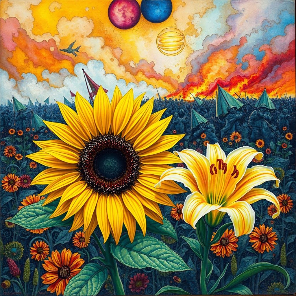 Vibrant Sunflower and Lily in Turbulent Watercolor War Scene