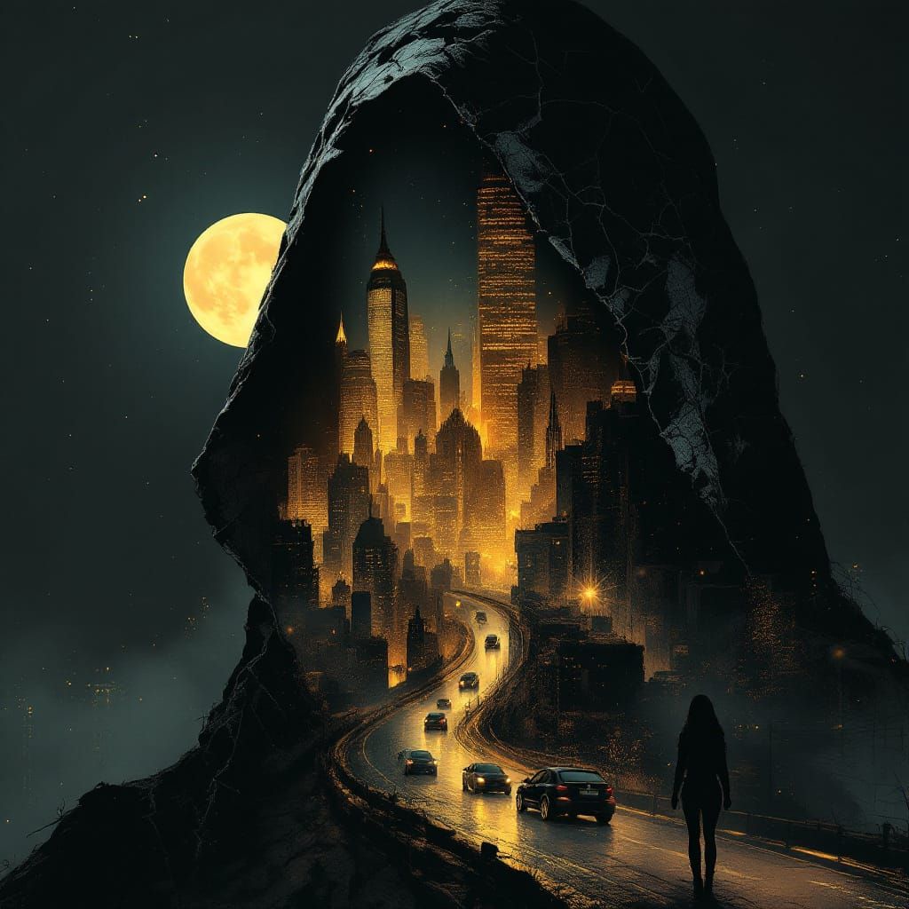 Gothic Sketch Portrait: Girl, Cityscape, and Moonlight