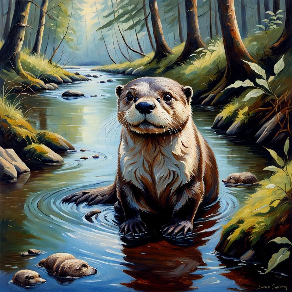 otter in the forest river  by @Barsik