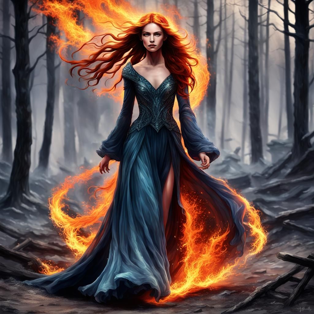With hair the color of flames and a gown of fire she walks t...