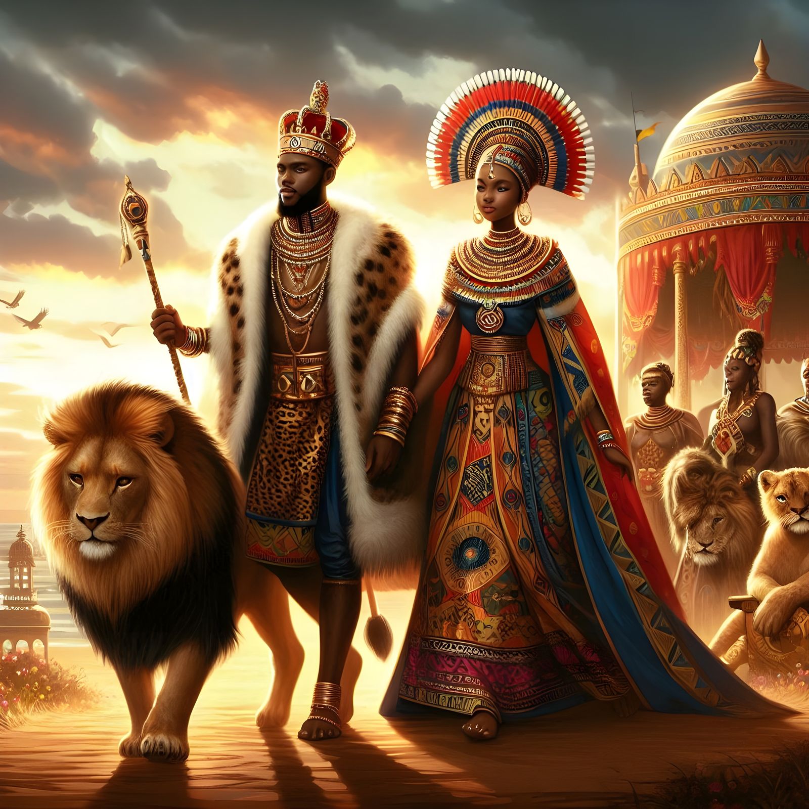 BEAUTIFUL AFRICAN QUEEN WITH A LION