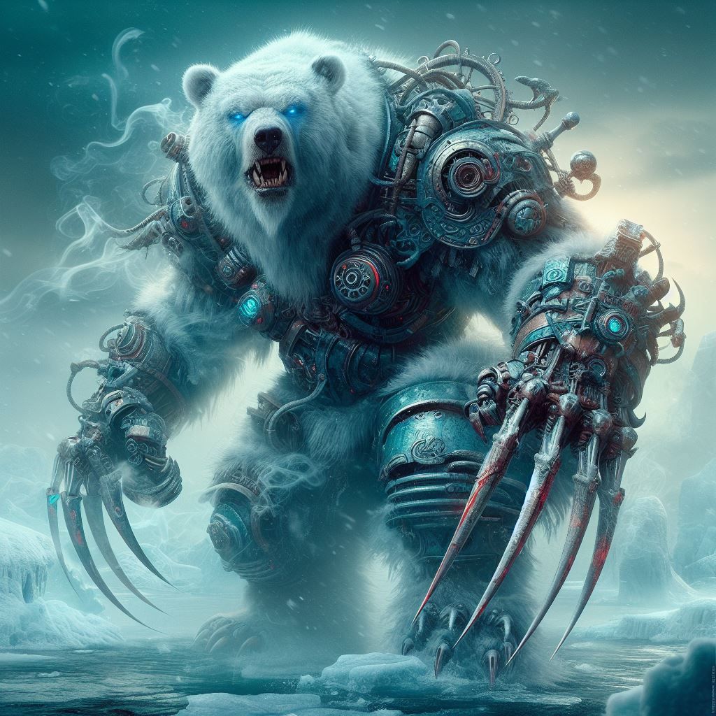 Steampunk/Grimdark cyborg polar bear warrior