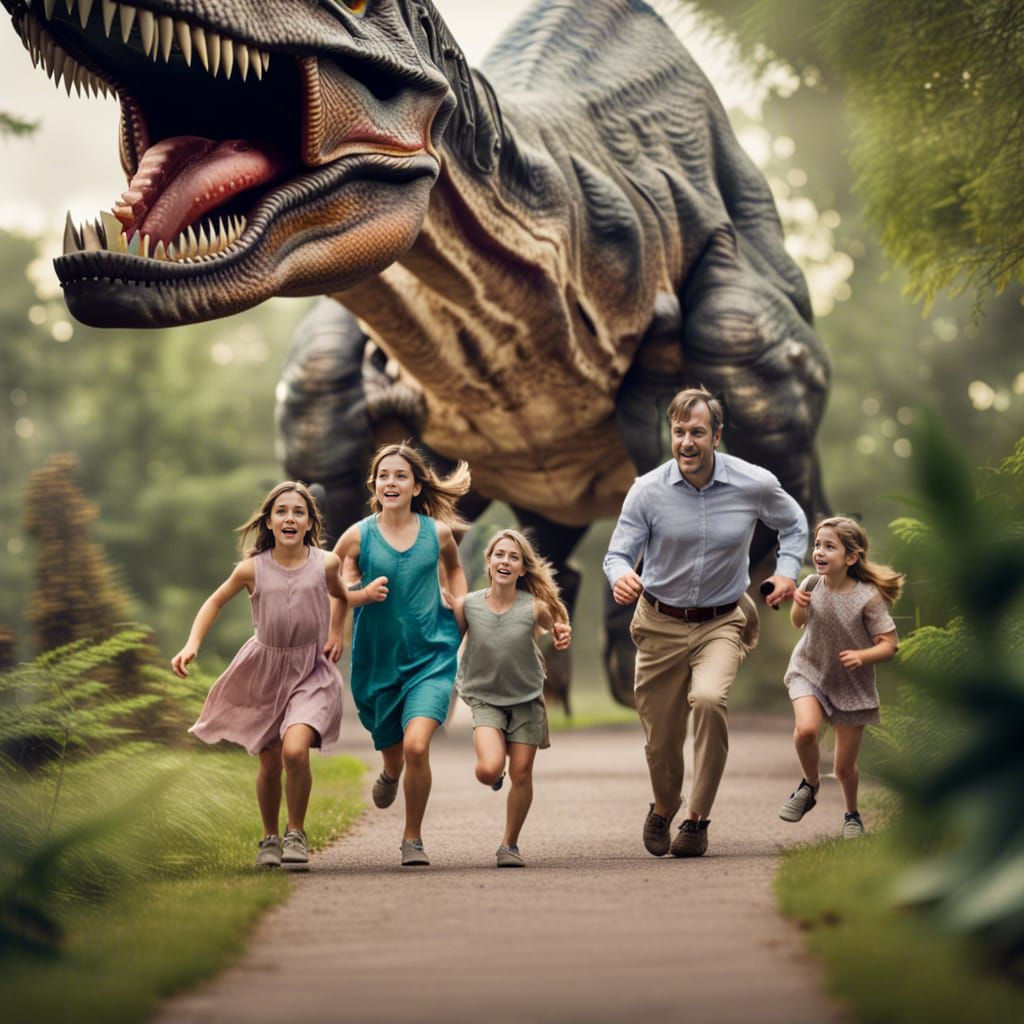 Family Running with Dinosaurs: Professional Photography