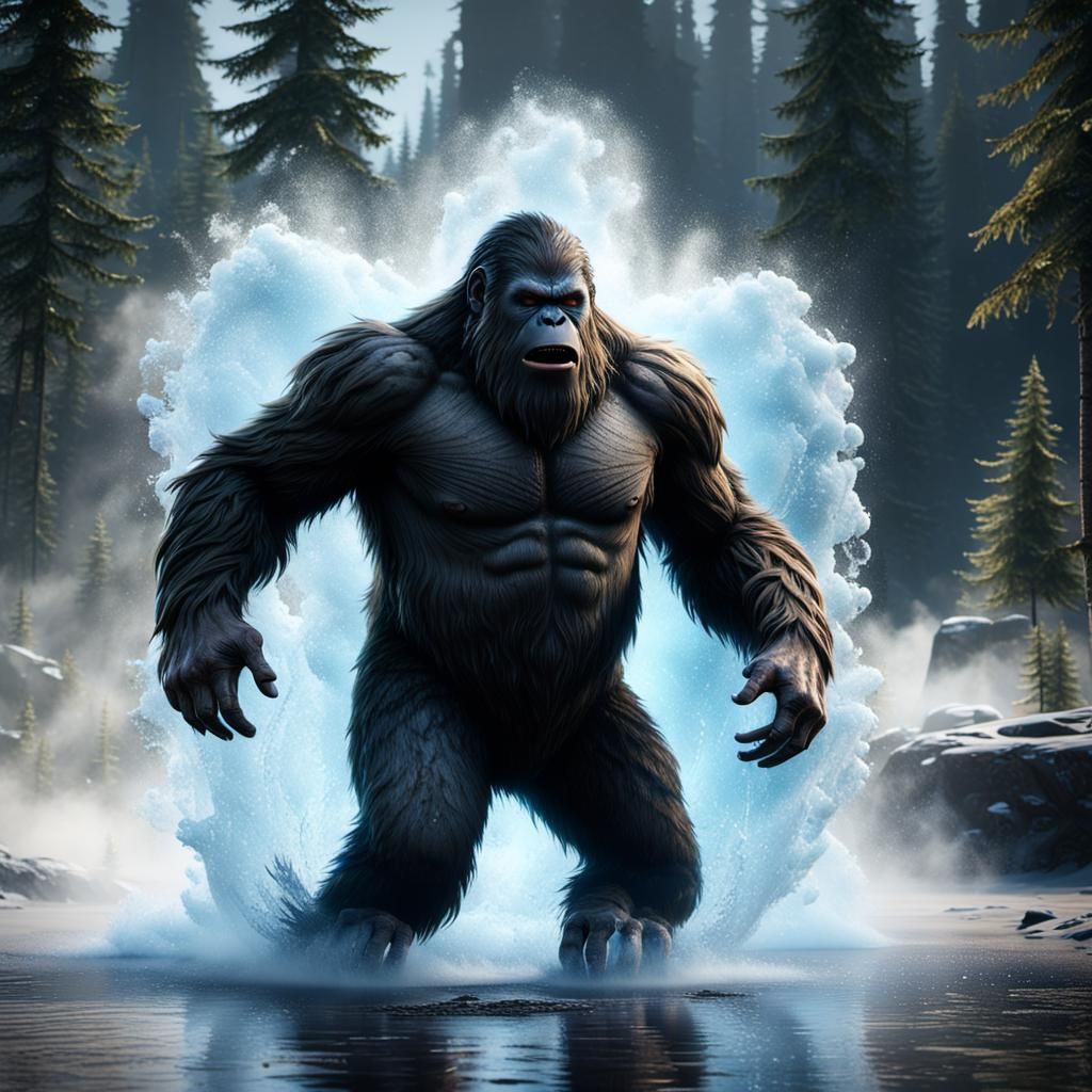 bigfoot running through steamy water and water geyser ,AMD , GeForce ...