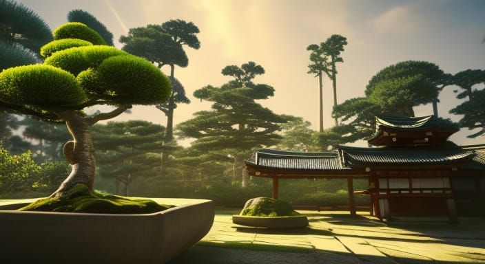 Old japanese architecture ancient stable and 4 small bonsai ...