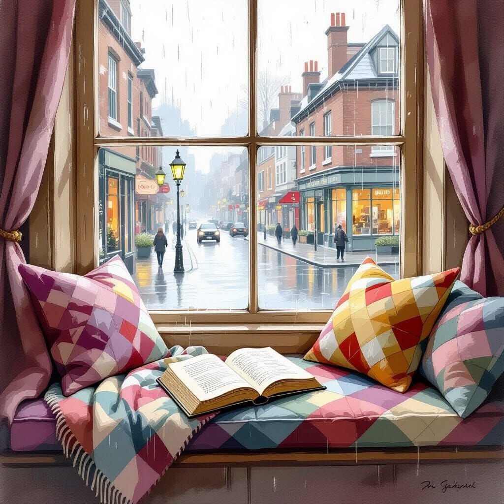 Rainy day window seat. Close-up shot. A comfortable window seat piled high with soft, textured cushions and a thick quilt, overlooking a cit...