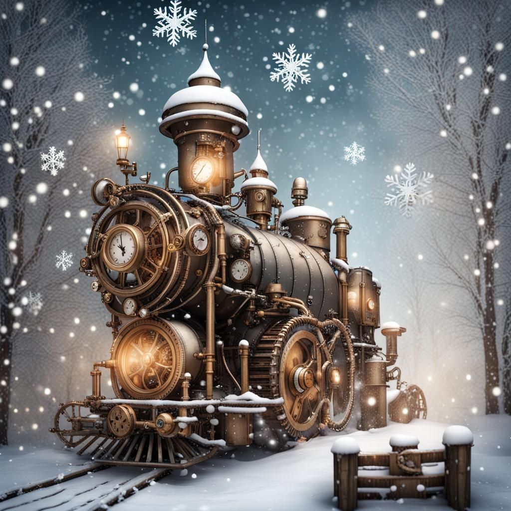 Steampunk winter wonderland with little gear shaped snow flakes falling  by @Simetra
