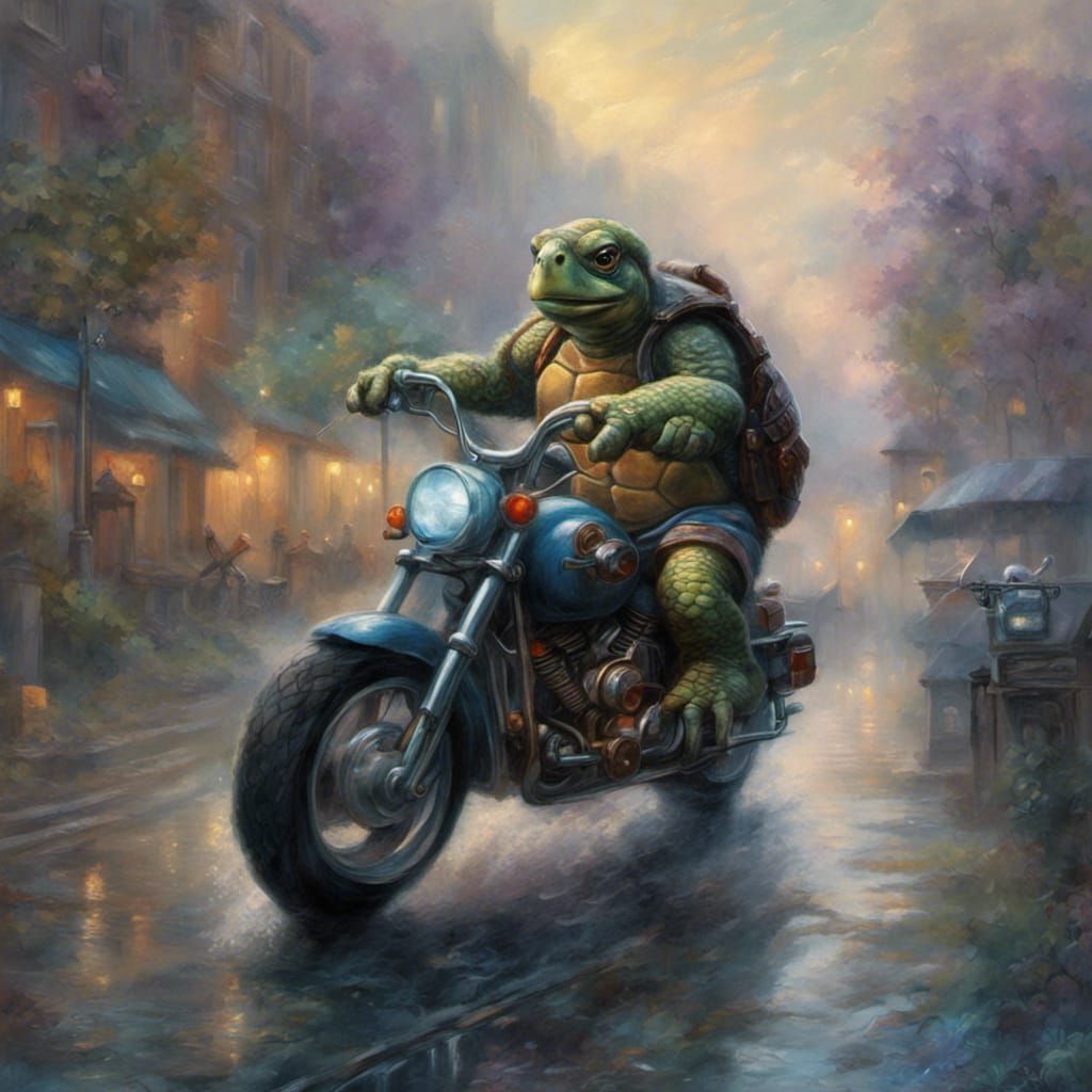 turtle riding a motorcycle in the city