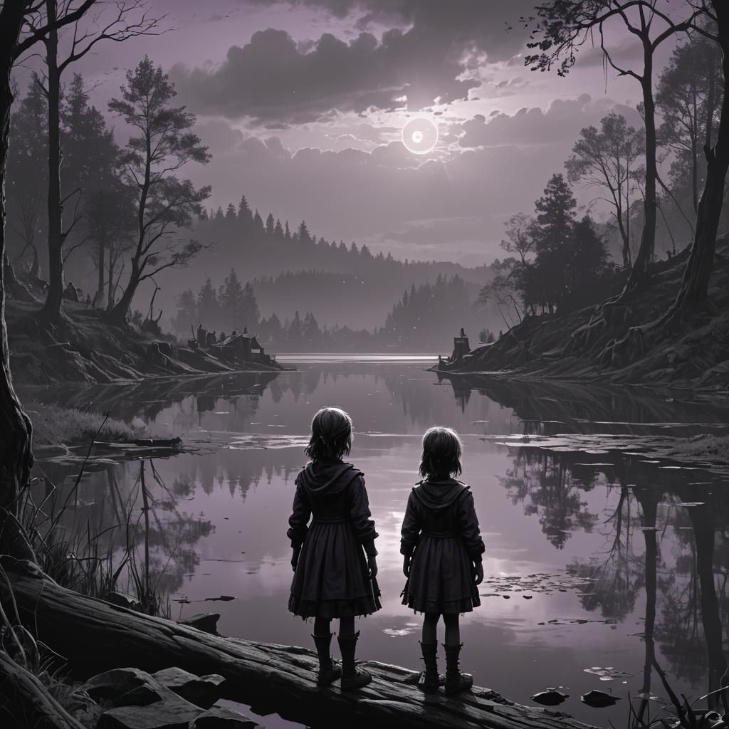 Eerie Lakeside Scene in Dark Fantasy Style