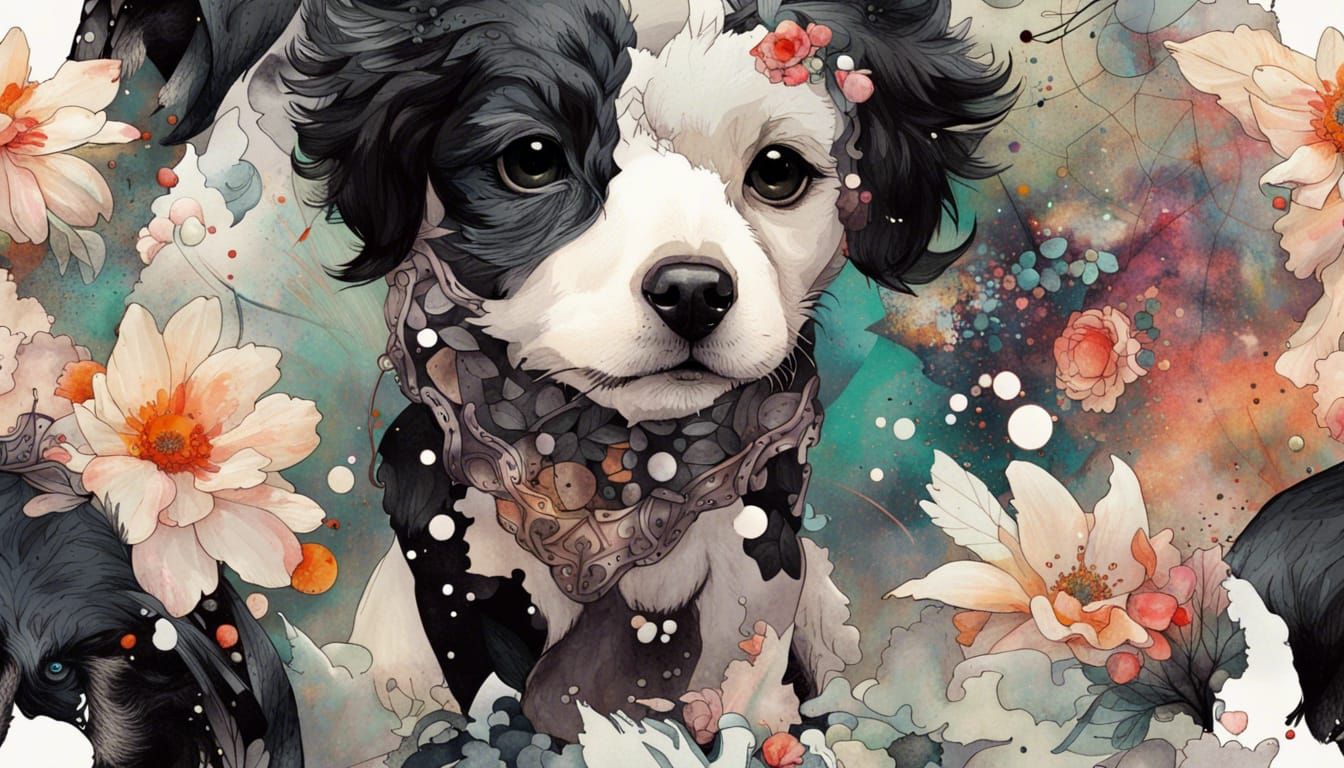 Puppy in a flower garden false