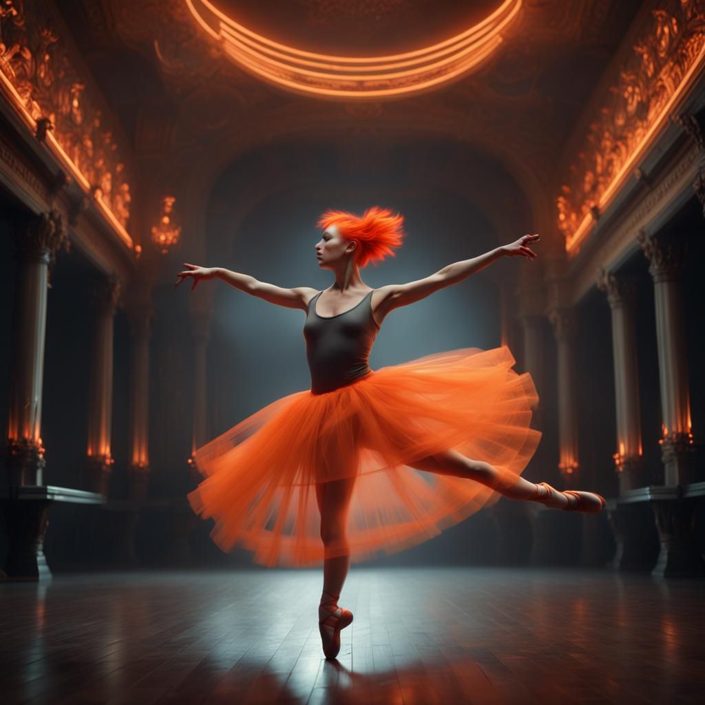 Ballerina with neon orange hair dancing