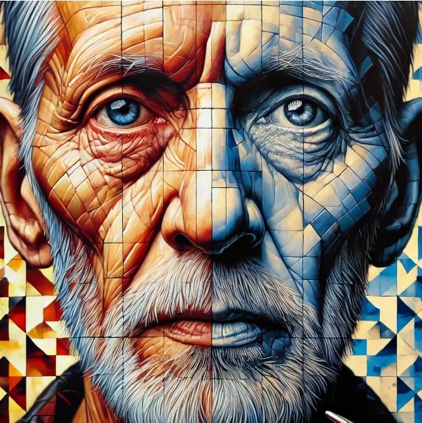 elderly man in a photorealistic style with a cubist-inspired...