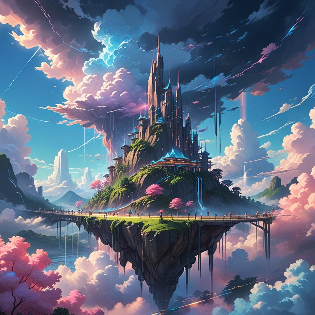 A vast dreamscape sky filled with floating neon islands 