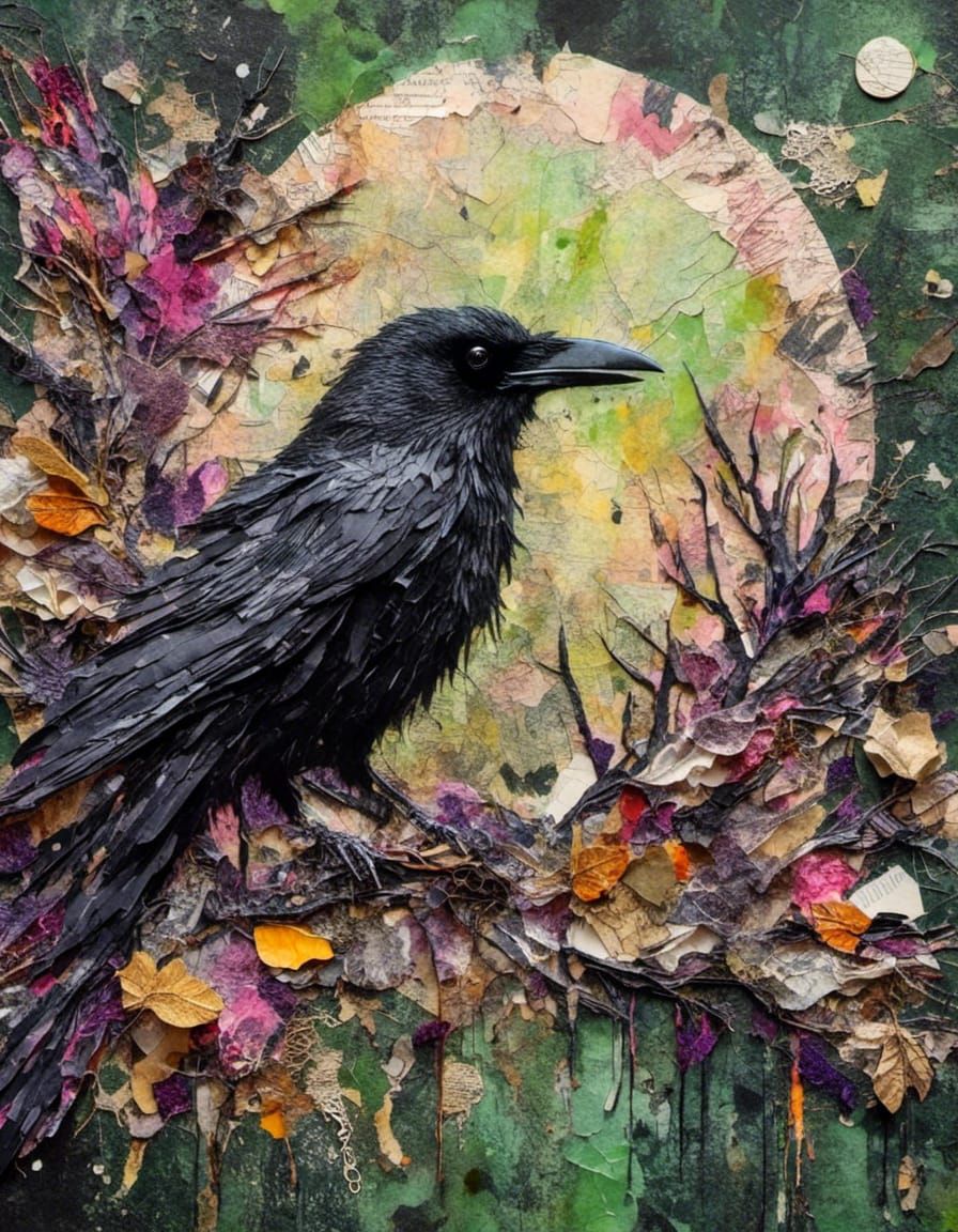 <lora:Supa Collage:1.0> Complex mixed media Collage close portrait   of a scary crow in the exploding  forest moonlight lake Collage , mixed...
