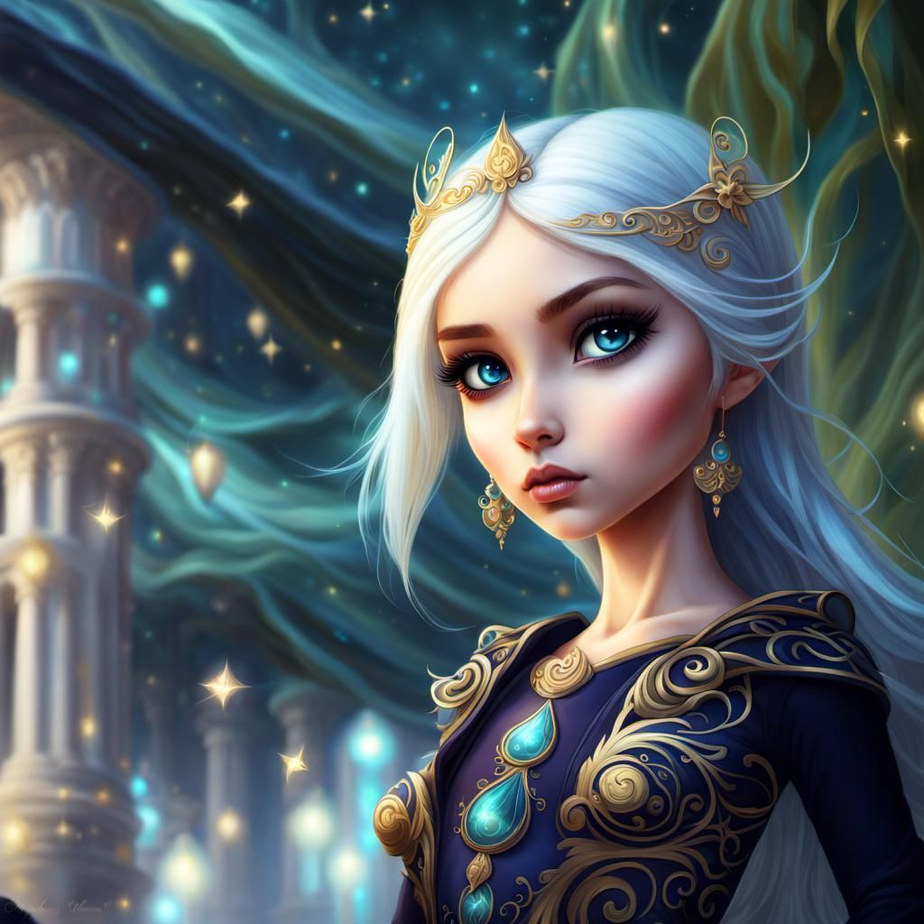 adorable full body frowning pixie girl with large expressive...